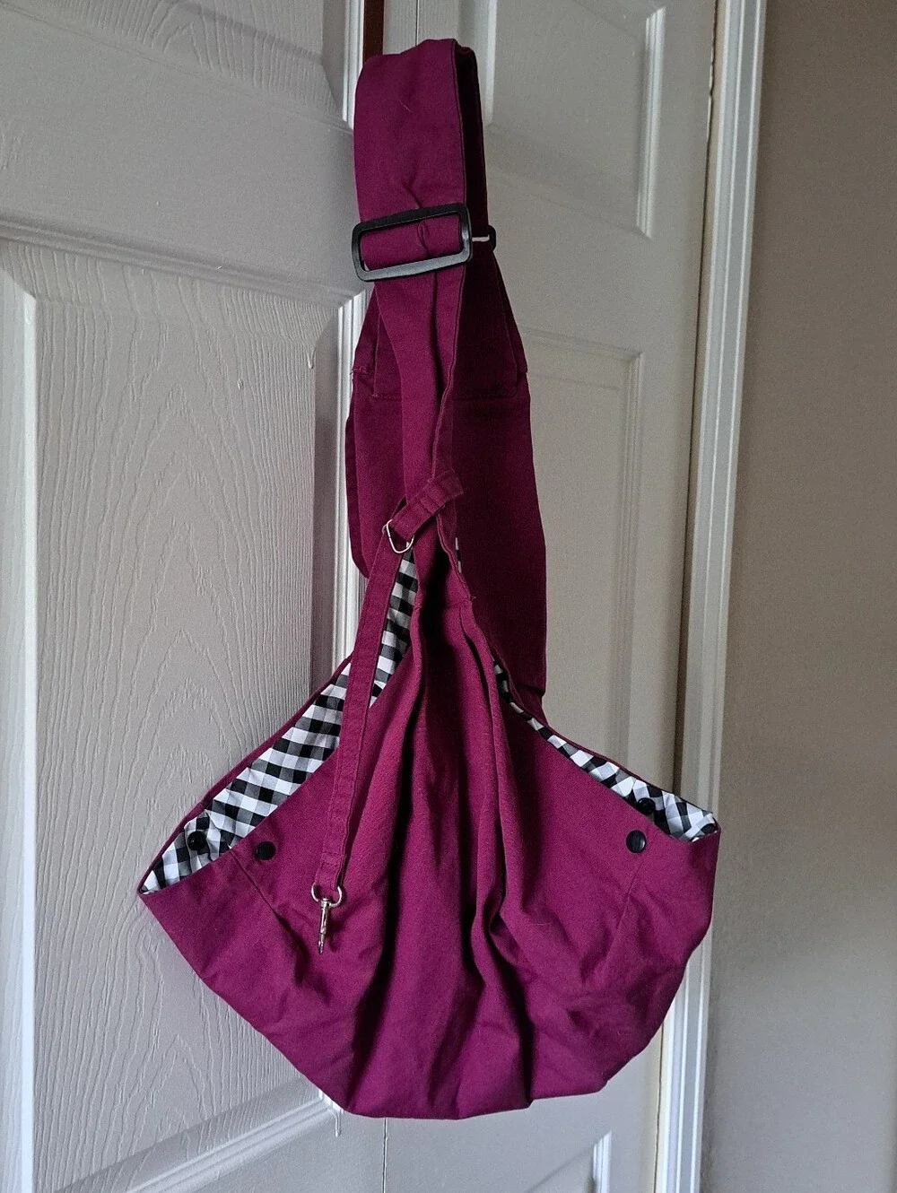 Magenta Crossbody DOG Travel Sling Bag with Black & White Gingham Lining